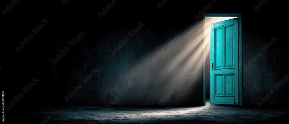 Poster mysterious open door with bright light shining through in dark room creating an inviting and intrigu
