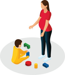 vector illustration of a pregnant woman with her son