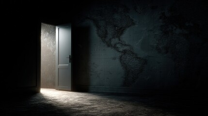 Fototapeta premium Mysterious dark room with open door revealing bright light illuminating textured wall and shadowed floor creating intrigue and contrast