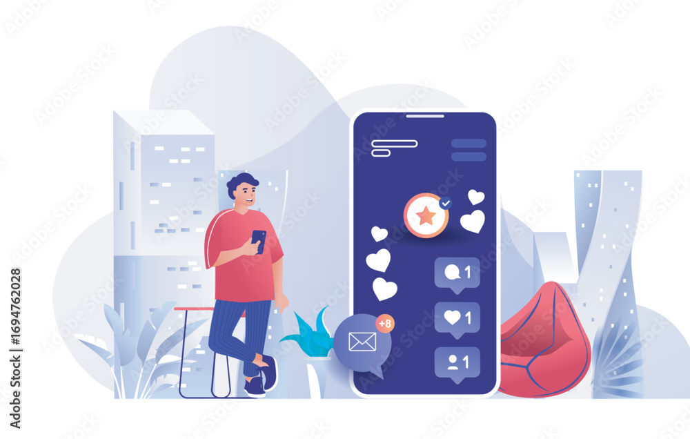 Poster social network concept for modern web design. people connecting and communicating online, man sendin