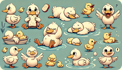 A collection of whimsical, cartoon-style ducks in various playful poses on a muted blue background
