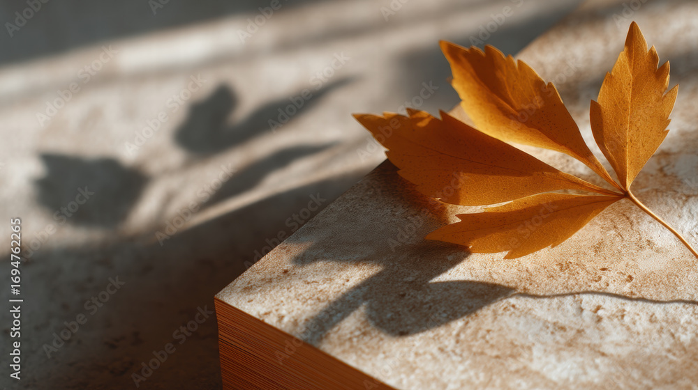 Poster swaying leaf casting visual shadow on textured surface for mindfulness ads creating calm and serene 