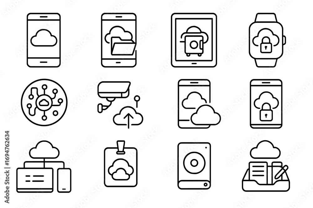 Poster cloud security linear icon set. internet, data protection icons outline collection
