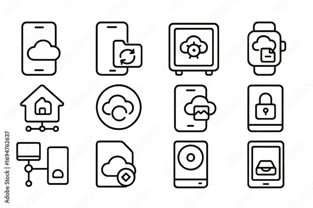Poster cloud computing outline icon set. network, technology, data transfer icons collection