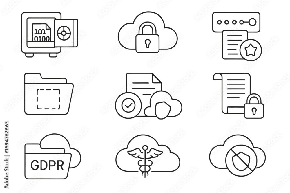 Poster cybersecurity and protection icon set. secure data and privacy icons, line style collection