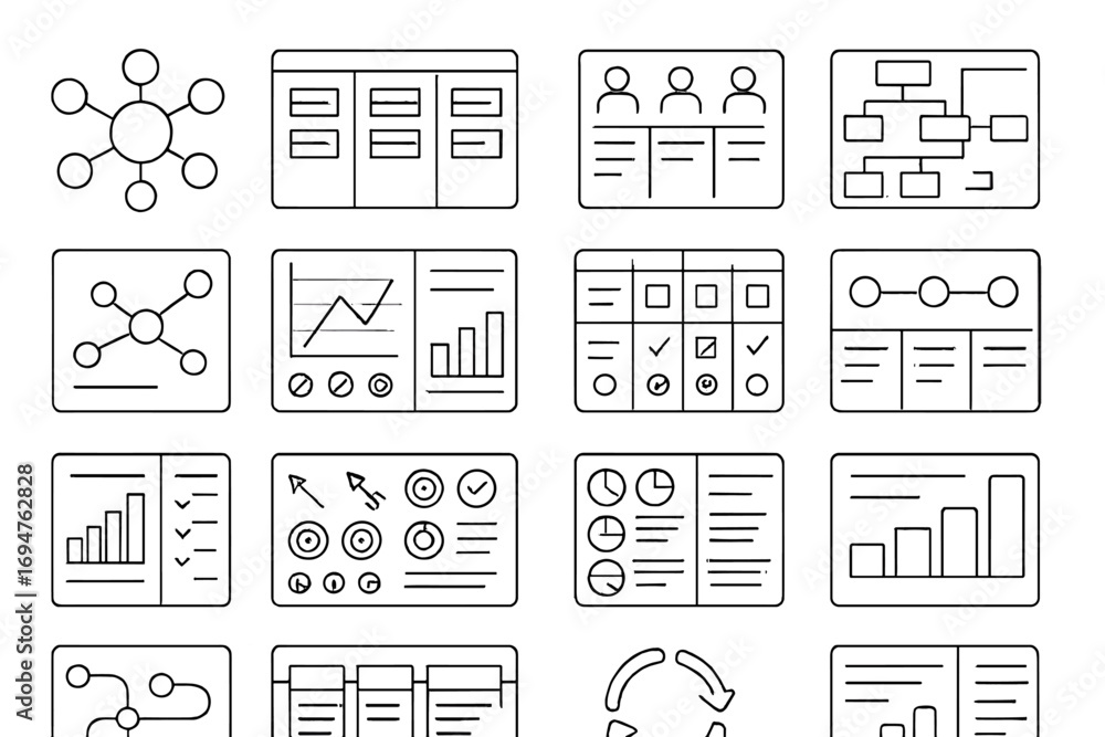 Poster data analysis line icon set: charts, graphs, and diagrams in linear style