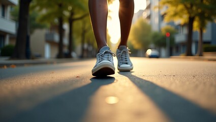 Fototapeta premium A person in sneakers walks on a sunlit street.