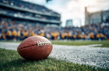 American football on a field with stadium in the background