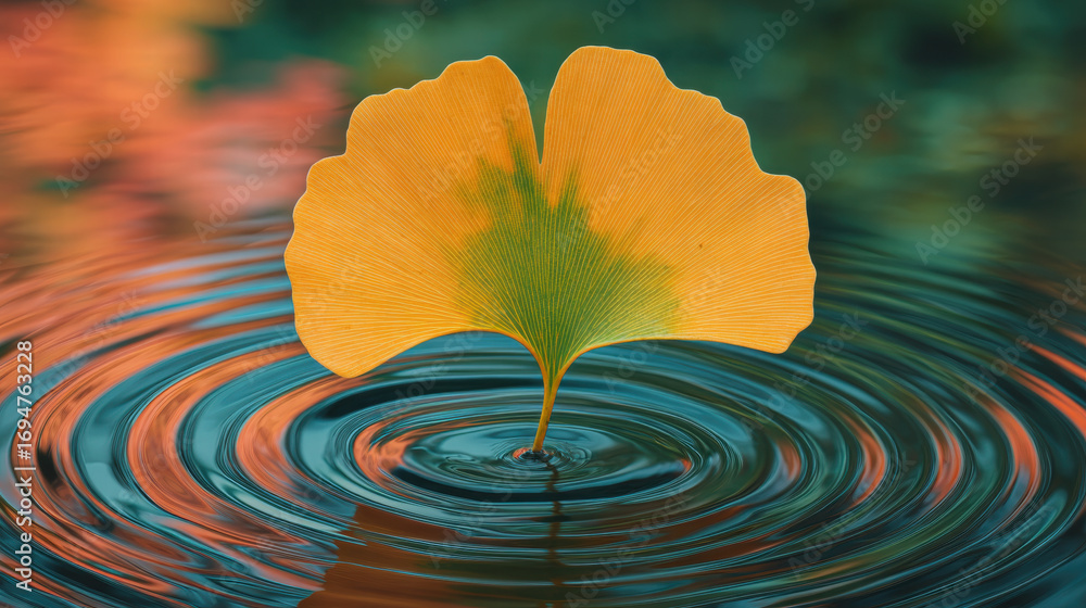 Aufkleber leaf floating gently on water creates visual for philosophical theme with calm ripples and vibrant c
