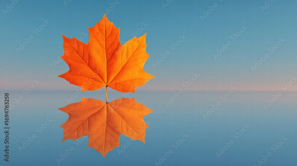 Poster Leaf floating gently on calm water creates visual for philosophical theme with serene reflection and tranquil blue sky background