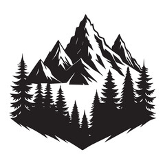 Obraz premium Silhouette of majestic mountains and pine trees in a geometric shape, evoking adventure and nature