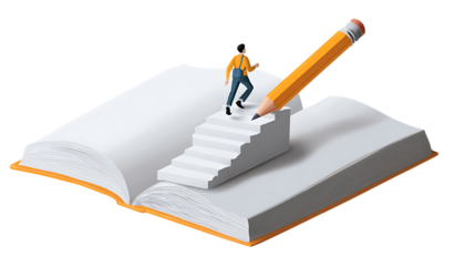 Person climbing stairs made of book pages and pencil isolated on transparent background.