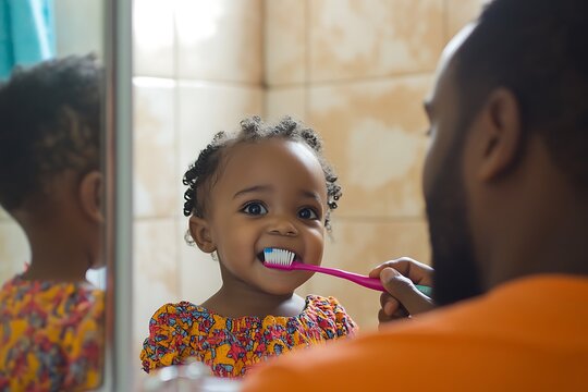 Daddy and Smiling Toddler Brush Teeth Together in Bathroom Mirror Reflecting Joyful Parenting Moment