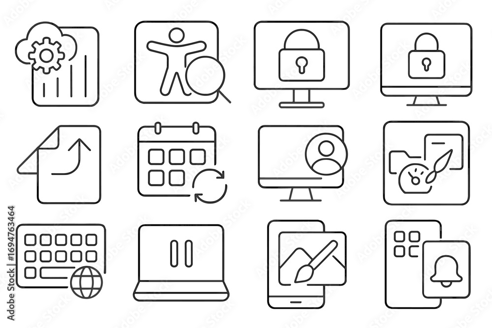Poster security and privacy icon set in linear style for digital protection solutions