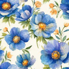 Elegant Seamless Watercolor Flower Pattern Featuring Blue And Orange Floral Elements