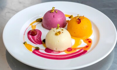 Assorted Flavored Indian Sweets Scoops on White Plate Garnished with Nuts and Syrup