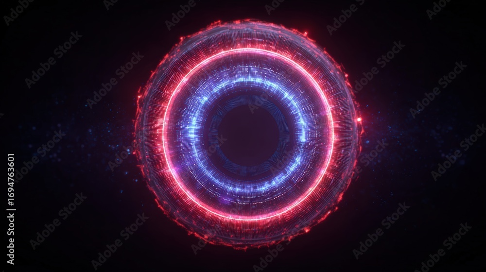 Poster vibrant neon circle with glowing energy and particles creating a futuristic digital light display in
