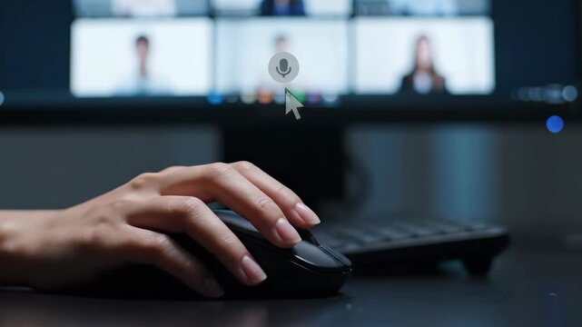In a virtual conference, a participant navigates their computer mouse, hovering over the disconnect button as others attend to their screens. Tension builds as decisions are made.