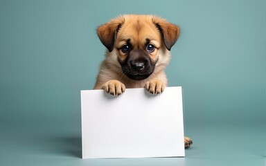 Adorable puppy with a sign for international homeless animals day encouraging adoption and support. High quality