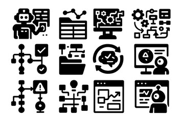 Technology and workflow solid icon set: automation, machine learning, ai interfaces
