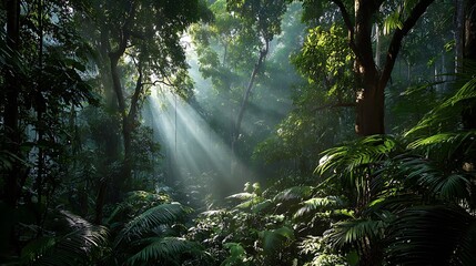 Obraz premium Rays of sunlight piercing through the trees in a lush green forest