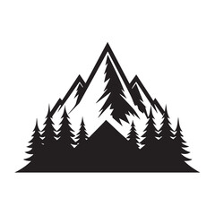 Stylized black silhouette of a mountain range with pine trees in the foreground, isolated on a white background