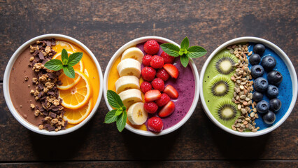 Delicious smoothie bowls topped with fresh fruits, granola, and mint leaves create vibrant and healthy breakfast option