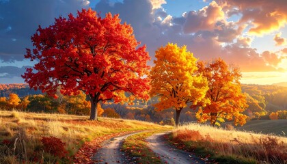 A picturesque autumn landscape showcases vibrant red and golden trees lining a country path at sunset.