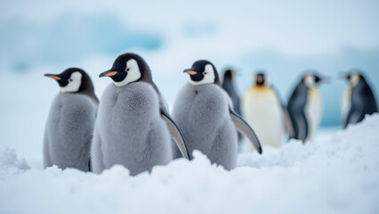 Obraz premium Fluffy penguin chicks walking in snowy landscape, showcasing their adorable features and playful nature in cold environment