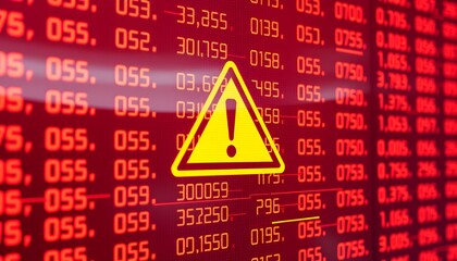 Warning sign overlayed on a red screen filled with numbers, indicating a system error or security breach.