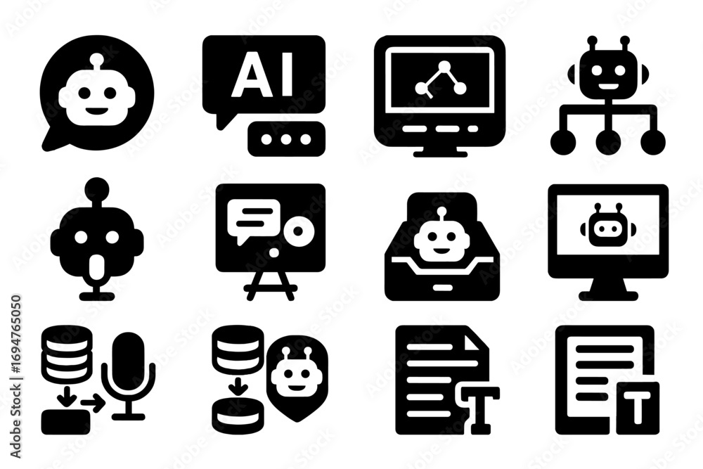 Poster ai and robotics silhouette icon set. technology, automation, chatbot icons collection