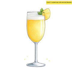 French 75 cocktail recipe with watercolor illustration of champagne flute with lemon twist garnish on light background. Ingredients and measurements listed below. Classic cocktail guide