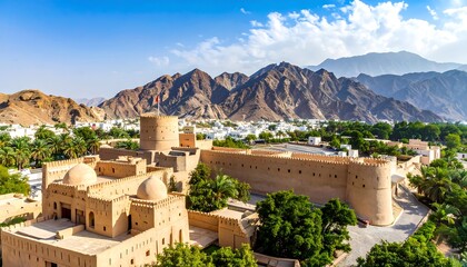 Panoramic view of a historic fort and city nestled in a valley, surrounded by mountains under a clear sky