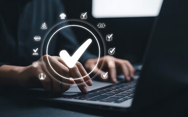 Digital validation system confirms successful online task completion, a clear checkmark ensuring quality control and precise process verification via laptop