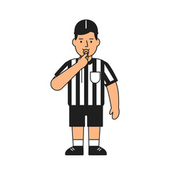 Cartoon illustration of a male sports referee in a classic black and white striped uniform blowing a whistle during a game