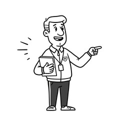 A black and white vector illustration of a friendly sports coach or instructor pointing and giving directions, holding a clipboard and wearing a whistle for guidance and leadership