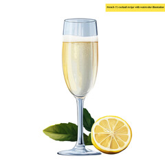 French 75 cocktail recipe with watercolor illustration of champagne flute with lemon twist garnish on light background. Ingredients and measurements listed below. Classic cocktail guide
