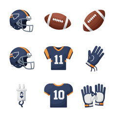 A conceptual icon set of American football equipment, featuring isolated vector illustrations of helmets, jerseys, gloves, and balls for sports design