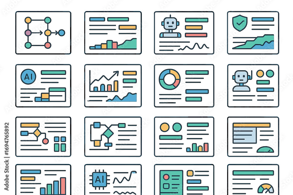 Poster Data analysis line icon set. charts, reports, and ai in linear style icons