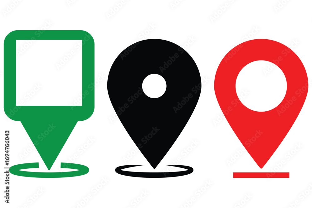 Poster location or map pin icon symbol set. location pointer. black and red location icon set on white back