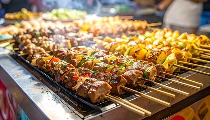 Close-up shot of cooked skewers, a street food item, with a variety of meats and vegetables, displayed on a grill with visible smoke and soft, blurred background