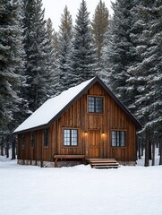 A charming wooden cabin nestled in a snowy forest, surrounded by tall evergreen trees. Ideal for winter retreats and nature lovers.