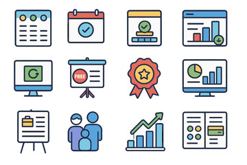 Obraz premium Business analytics icon set. data, performance, presentation outline icon collection