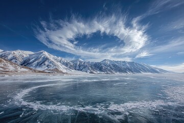 Frozen lake with snow-capped mountains under a vibrant sky