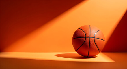 Basketball on an orange background with dramatic lighting and shadows, creating a simple and graphic composition with copy space