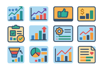 Business analytics flat icon set. charts, graphs, and report icons for data insights