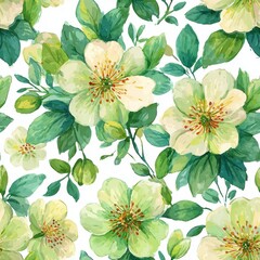 Watercolor Floral Pattern Of White Flowers And Green Leaves On White Background