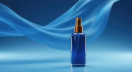 Elegant blue spray bottle with copper top against a wavy backdrop showcasing product presentation for skincare or fragrance packaging concept