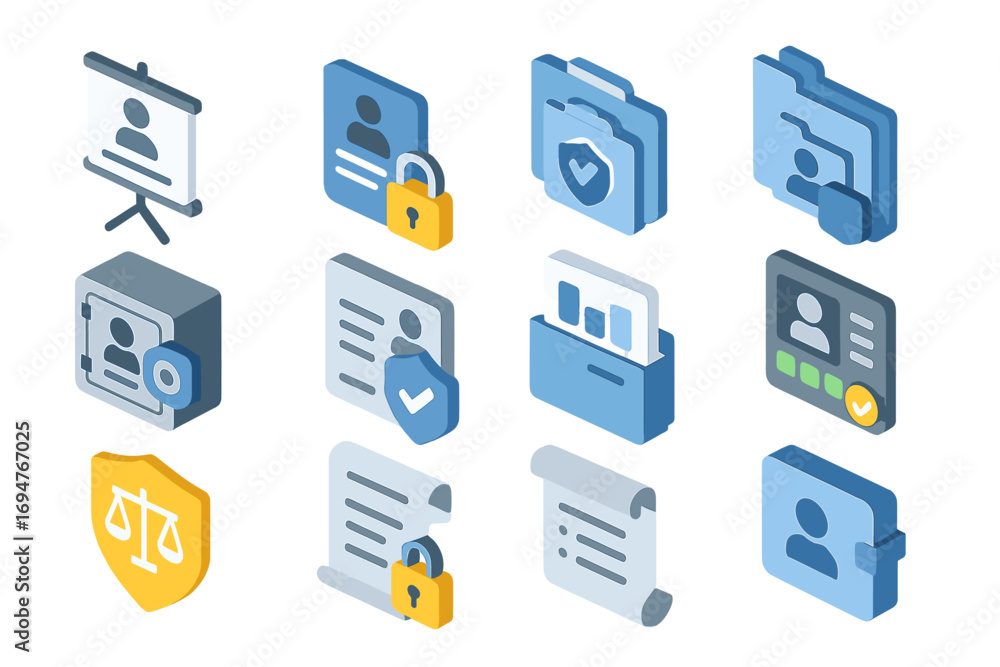 Poster security and privacy icon set. secure digital files linear collection