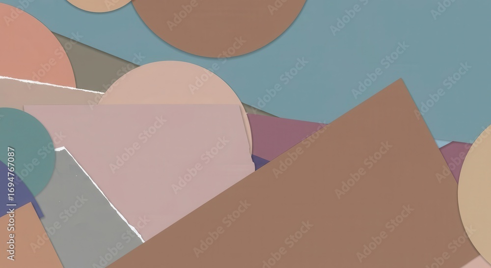 Poster a layered design featuring various geometric shapes and muted color palettes.